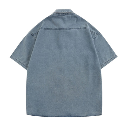 𝔼mbro 𝕊hirt𒉽美式復古夏日椰子風刺繡牛仔寬鬆短袖襯衫外套