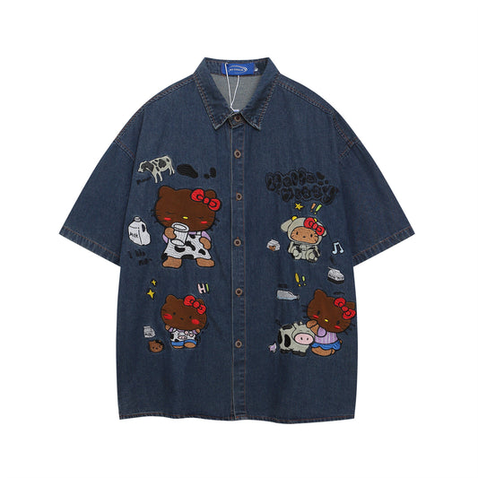 𝔼mbro 𝕊hirt𒉽美式復古趣味卡通刺繡牛仔短袖休閒襯衫IN-06