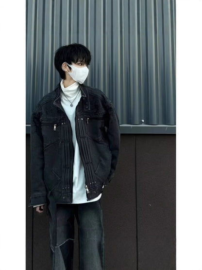 snɔoɟ uoı̣snɟ - 暗黑牛仔外套鉚釘男女痞帥設計感牛仔高街工裝夾克 BC-006