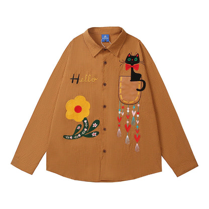 𝔼mbro 𝕊hirt𒉽2025秋冬卡通小貓刺繡寬鬆襯衫外套C-00