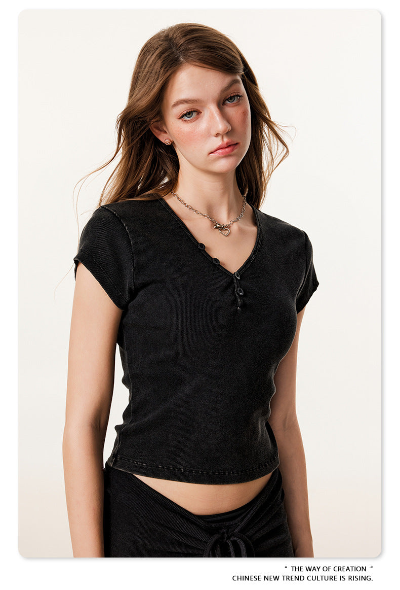 Fierce & Fitted 夏季辣妹必備V領顯瘦短T長裙套裝 復古黑