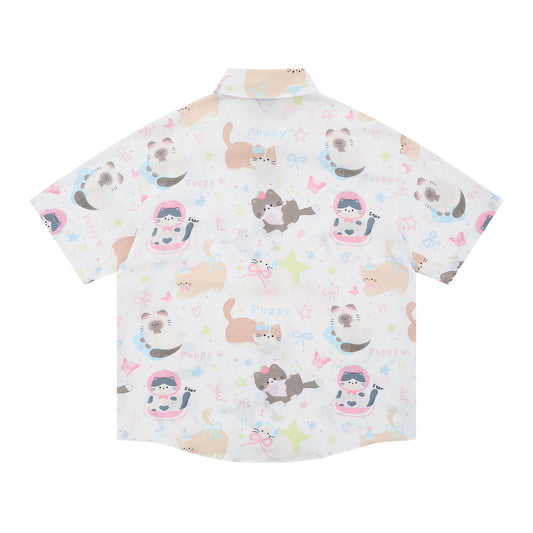 𝕃oose 𝔽it ☞𝟤𝟢𝟤𝟧 ☜日式復古可愛貓咪滿印百搭休閒寬鬆襯衫  YJ-3