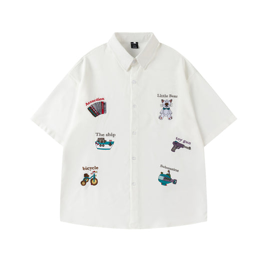 𝔼mbro 𝕊hirt𒉽美式復古逗趣圖案刺繡寬鬆百搭短袖襯衫 (白色)