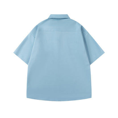 𝔼mbro 𝕊hirt𒉽日式復古卡通刺繡翻領短袖襯衫R-86