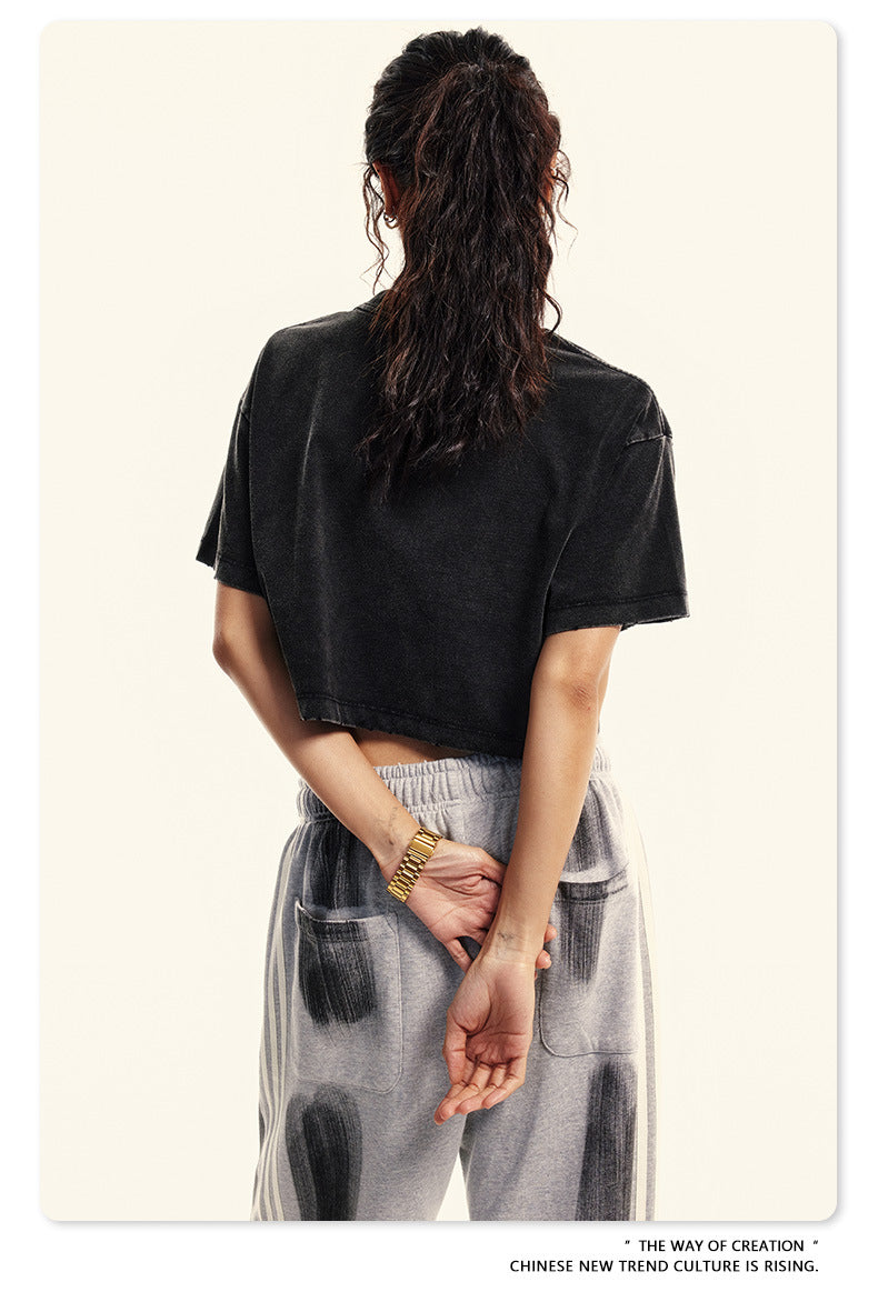 Fierce & Fitted 夏季美式復古做舊辣妹短款T袖N-6 水洗黑