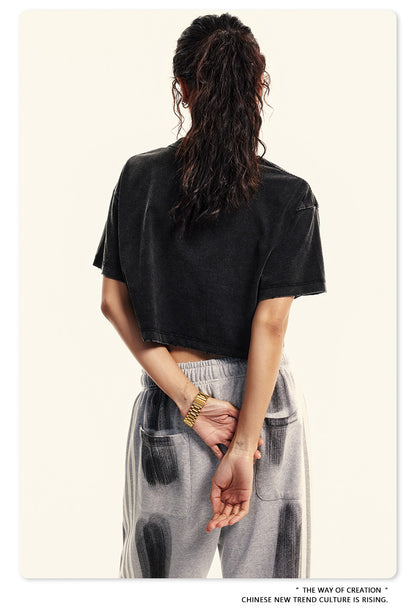 Fierce & Fitted 夏季美式復古做舊辣妹短款T袖N-6 水洗黑