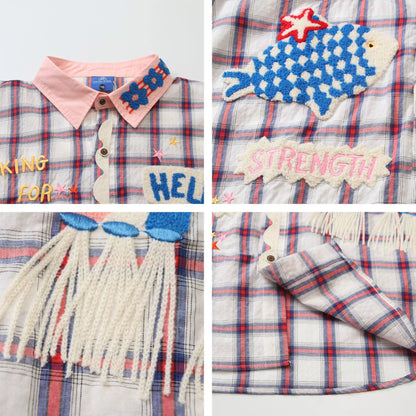 𝔼mbro 𝕊hirt𒉽2025秋冬復古小魚圖案寬鬆襯衫C-811