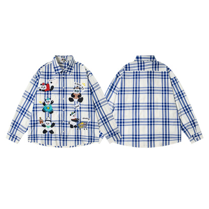 𝔼mbro 𝕊hirt𒉽2025秋冬卡通刺繡格子寬鬆襯衫M-11