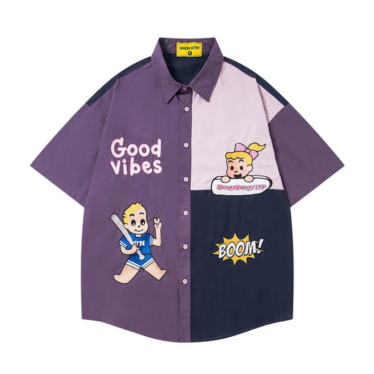 𝔼mbro 𝕊hirt𒉽 美式復古拼色趣味小孩刺繡百搭寬鬆襯衫  U-14