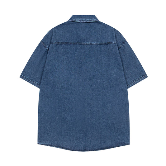 𝔼mbro 𝕊hirt𒉽美式復古趣味狗狗繡花牛仔寬鬆短袖襯衫外套