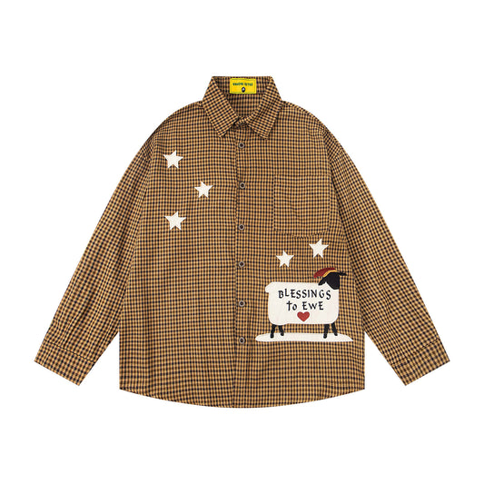 𝔼mbro 𝕊hirt𒉽2025秋冬小羊圖案刺繡條紋襯衫N-43