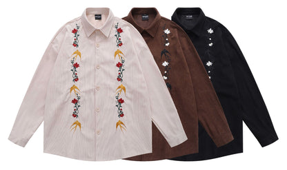 𝔼mbro 𝕊hirt𒉽2025秋冬復古花卉刺繡燈芯絨襯衫外套D-85