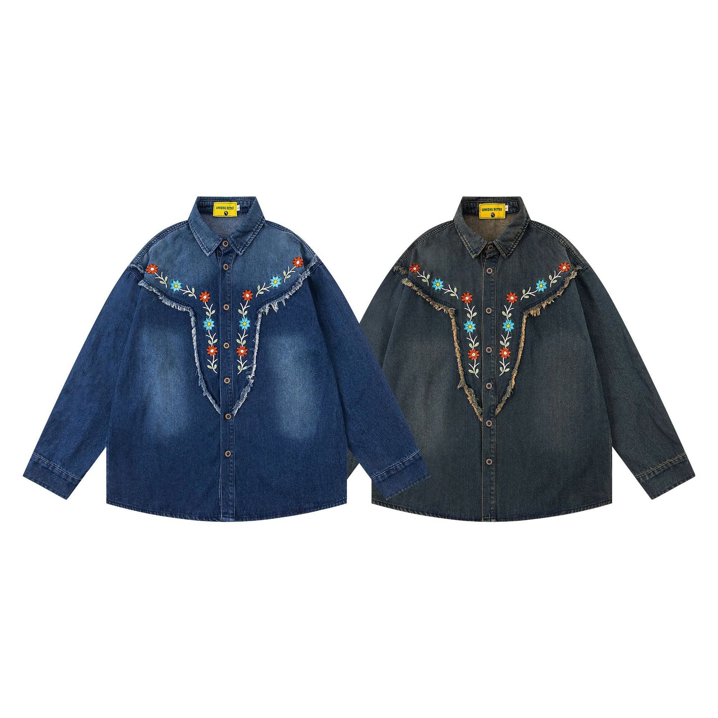 𝔼mbro 𝕊hirt𒉽2025秋冬水洗小花刺繡牛仔寬鬆襯衫U-79