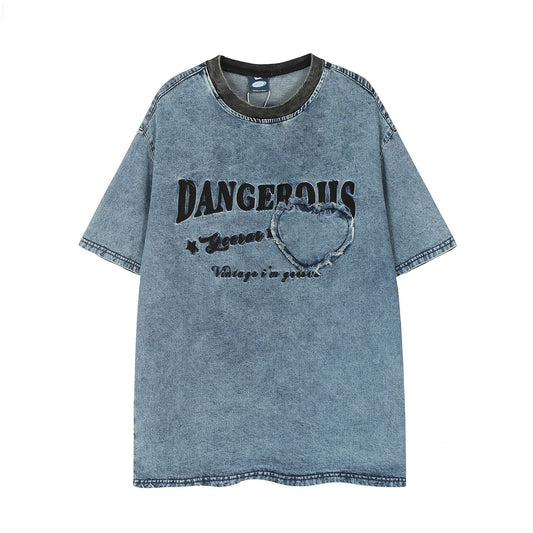 𝕃oose 𝔽it ☞𝟤𝟢𝟤𝟧 ☜美式做舊水洗貼布字母設計圓領男女中性 T-Shirt寬版上衣  G-707