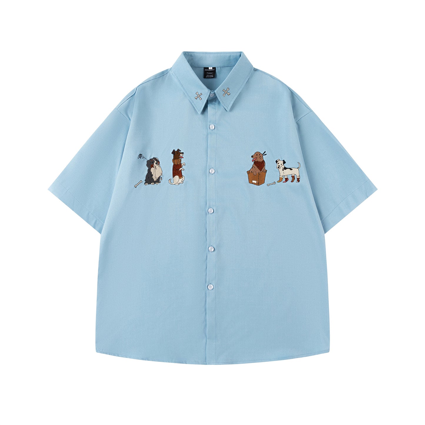 𝔼mbro 𝕊hirt𒉽美式復古可愛小狗刺繡寬鬆百搭短袖襯衫 (藍色)