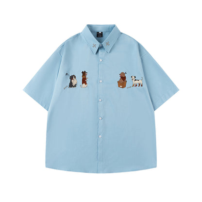 𝔼mbro 𝕊hirt𒉽美式復古可愛小狗刺繡寬鬆百搭短袖襯衫 (藍色)