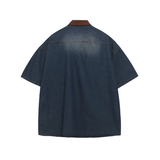 𝔼mbro 𝕊hirt𒉽趣味卡通繡花短袖牛仔襯衫外套