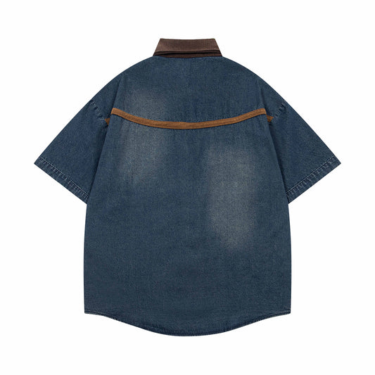 𝔼mbro 𝕊hirt𒉽美式復古撞色動物刺繡短袖牛仔襯衫外套 MO-50