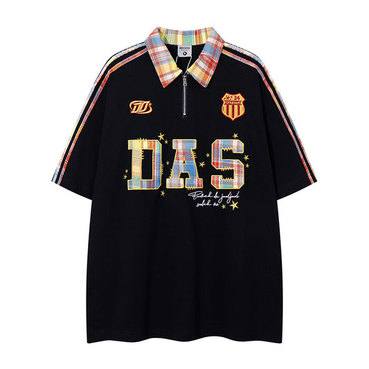 𝕃oose 𝔽it ☞𝟤𝟢𝟤𝟧 ☜美式復古DAS刺繡字母翻領男女中性 T-Shirt寬版上衣 DA-779