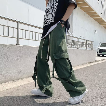 𖥟 𝔽𝕦𝕤𝕚𝕠𝕟 𝔽𝕠𝕔𝕦𝕤 ▓ 𝖜𝖔𝖗𝖐 𝖈𝖑𝖔𝖙𝖍𝖊𝖘 𖢘工裝褲夏季高街潮牌寬鬆休閒褲男女款機能風飄帶直筒闊腿褲 D-08