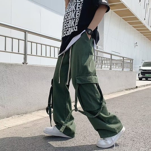 𖥟 𝔽𝕦𝕤𝕚𝕠𝕟 𝔽𝕠𝕔𝕦𝕤 ▓ 𝖜𝖔𝖗𝖐 𝖈𝖑𝖔𝖙𝖍𝖊𝖘 𖢘工裝褲夏季高街潮牌寬鬆休閒褲男女款機能風飄帶直筒闊腿褲 D-08