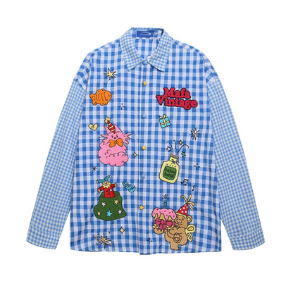 𝔼mbro 𝕊hirt𒉽2025秋冬可愛圖案刺繡格子襯衫S-36