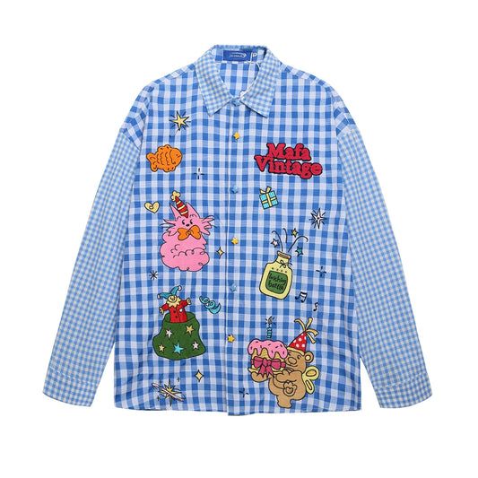 𝔼mbro 𝕊hirt𒉽2025秋冬可愛圖案刺繡格子襯衫S-36