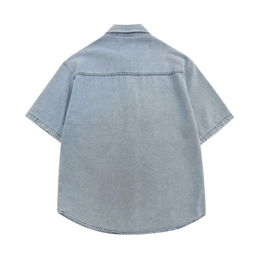 𝔼mbro 𝕊hirt𒉽日式復古可愛刺繡牛仔翻領寬鬆襯衫C-7#