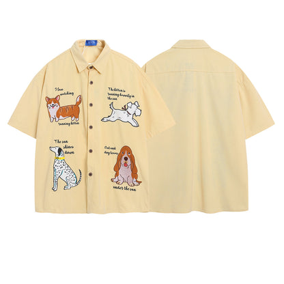 𝔼mbro 𝕊hirt𒉽美式復古可愛狗狗刺繡百搭寬鬆襯衫 IN639