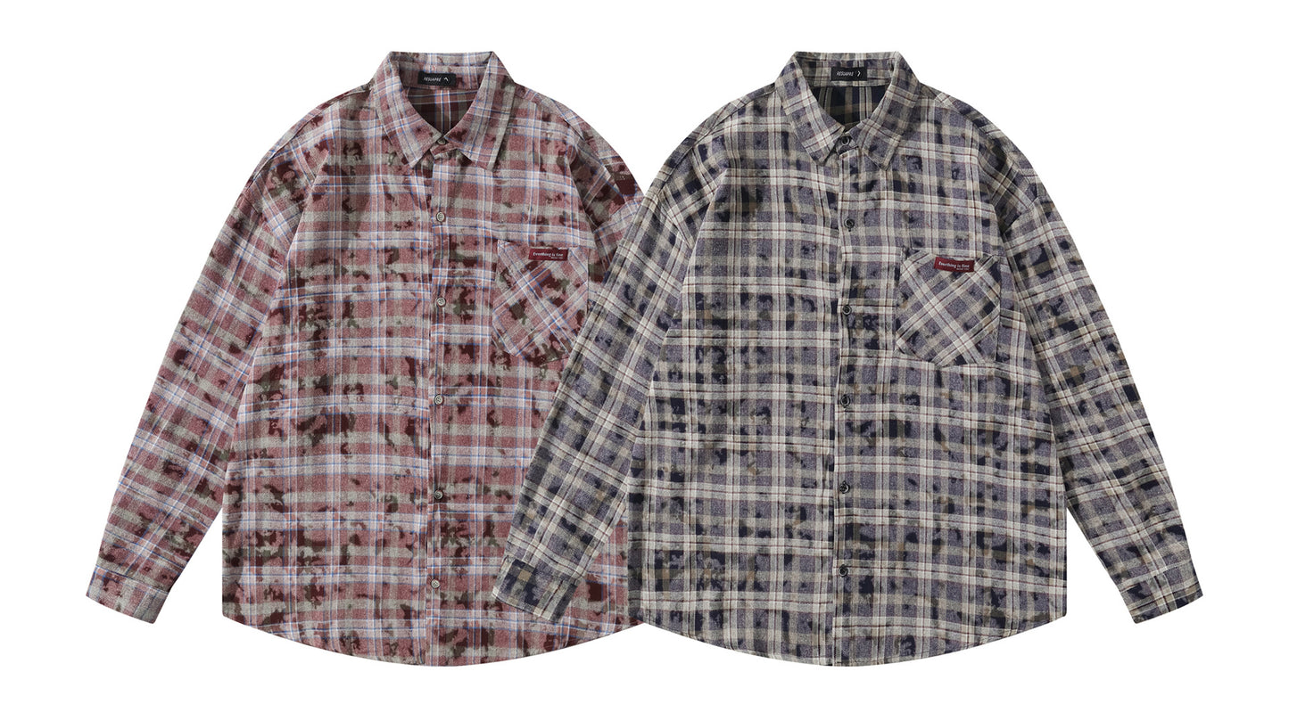 𝔼mbro 𝕊hirt𒉽2025秋冬復古扎染格子寬鬆襯衫外套JD-4