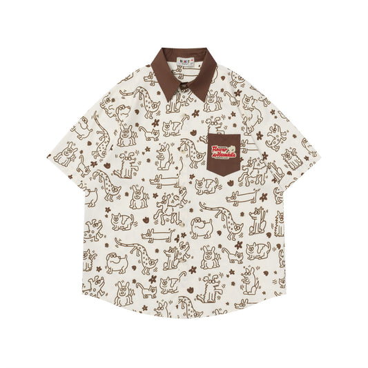 𝕃oose 𝔽it ☞𝟤𝟢𝟤𝟧 ☜美式復古小狗滿版印花短袖襯衫 NA-39