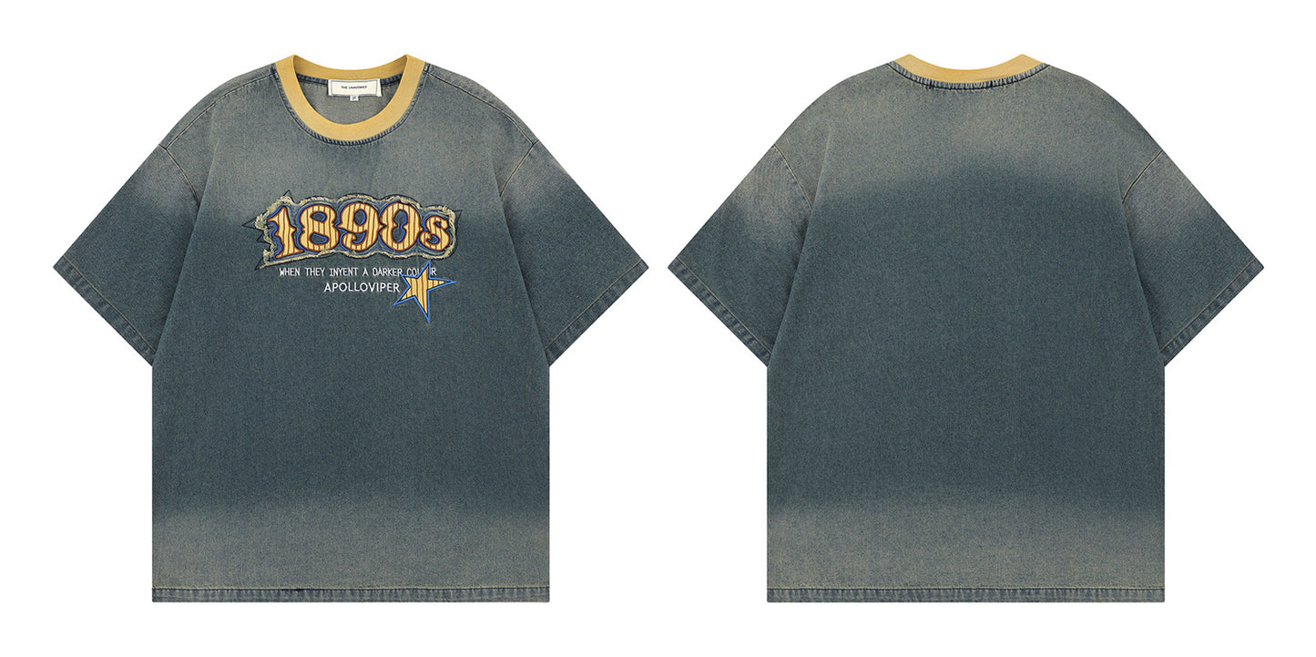 𝕃oose 𝔽it ☞𝟤𝟢𝟤𝟧 ☜美式復古牛仔做舊1890刺繡風格男女中性 T-Shirt寬版上衣 TH508