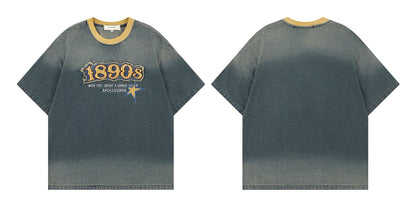 𝕃oose 𝔽it ☞𝟤𝟢𝟤𝟧 ☜美式復古牛仔做舊1890刺繡風格男女中性 T-Shirt寬版上衣 TH508