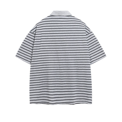 Polo Shirt𒉽美式復古貼布繡條紋翻領POLO衫IN-36