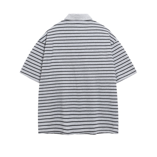 Polo Shirt𒉽美式復古貼布繡條紋翻領POLO衫IN-36