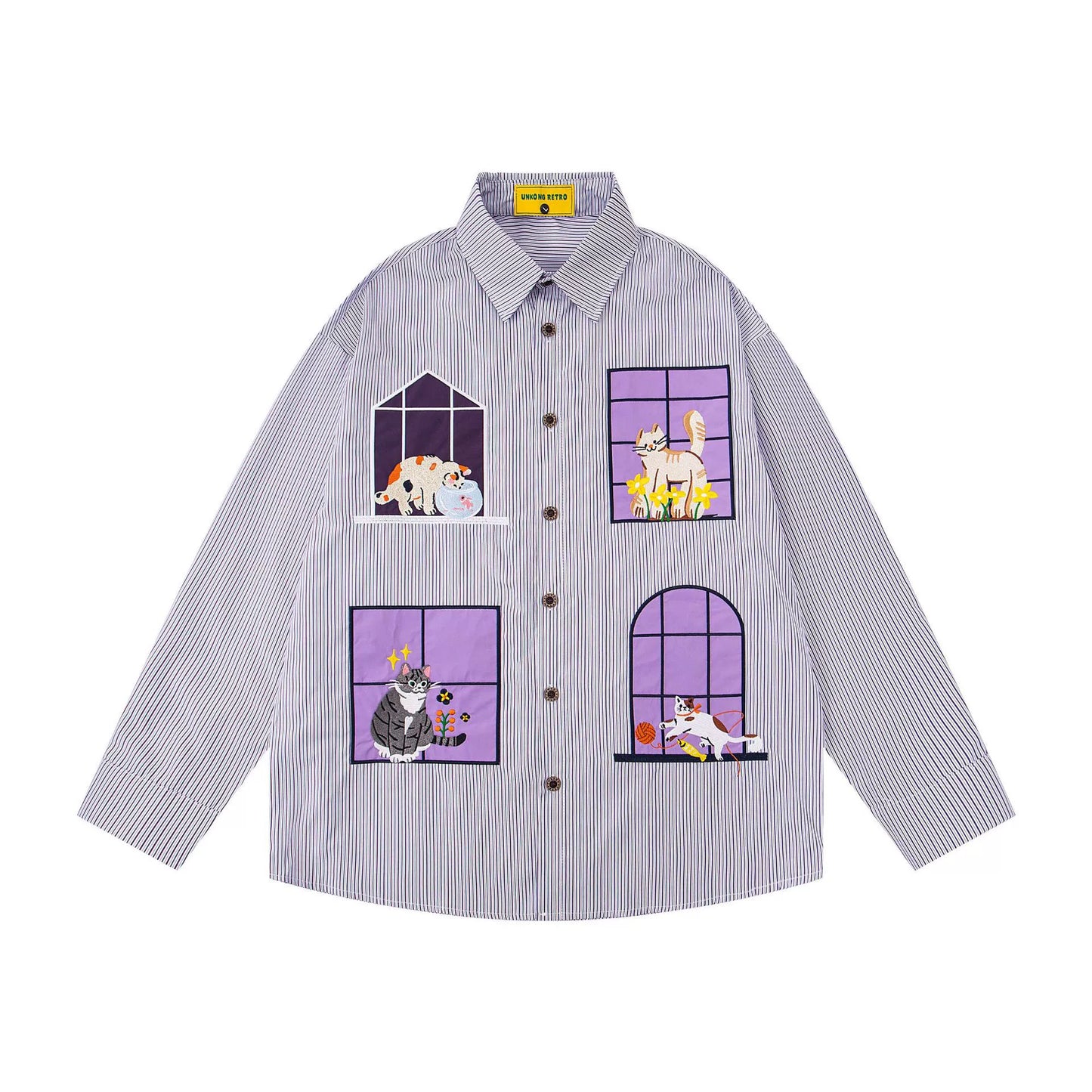 𝔼mbro 𝕊hirt𒉽2025秋冬小貓圖案刺繡條紋襯衫N-46