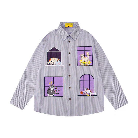 𝔼mbro 𝕊hirt𒉽2025秋冬小貓圖案刺繡條紋襯衫N-46