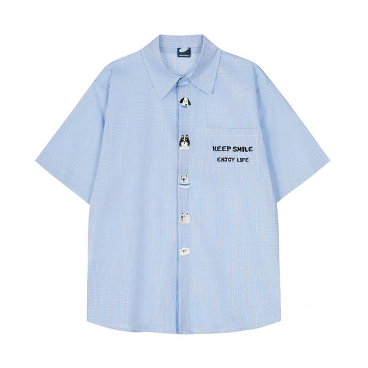 𝔼mbro 𝕊hirt𒉽美式復古趣味小狗刺繡短袖襯衫G-49