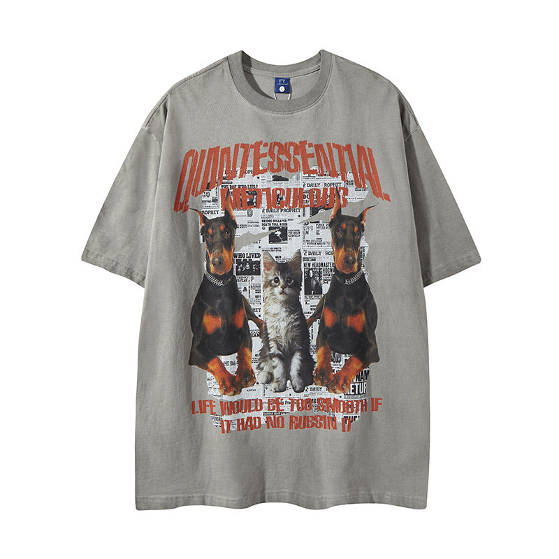 𝕃oose 𝔽it ☞𝟤𝟢𝟤𝟧 ☜美式復古貓狗印花風格男女中性 T-Shirt寬版上衣 FY58