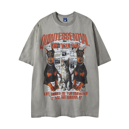 𝕃oose 𝔽it ☞𝟤𝟢𝟤𝟧 ☜美式復古貓狗印花風格男女中性 T-Shirt寬版上衣 FY58