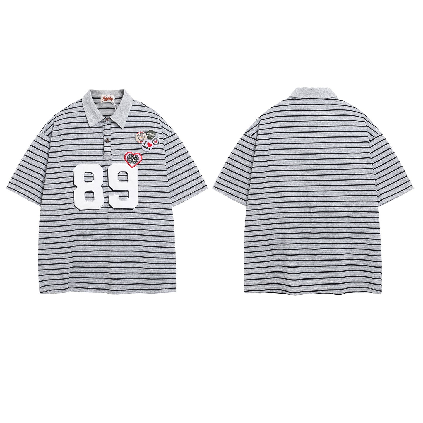 Polo Shirt𒉽美式復古貼布繡條紋翻領POLO衫IN-36