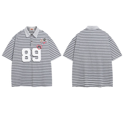 Polo Shirt𒉽美式復古貼布繡條紋翻領POLO衫IN-36