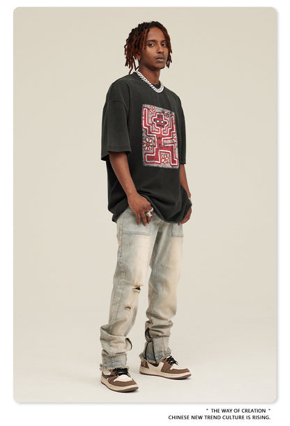 ▶𝔽𝕦𝕤𝕚𝕠𝕟 𝔽𝕠𝕔𝕦𝕤 ⌘𝓦𝓪𝓼𝓱𝓮𝓭 𝔀𝓲𝓷𝓭 ◀ 2025美式復古潮牌水洗做舊趣味花朵印花短袖Vintage街頭寬鬆T恤 TZ-15