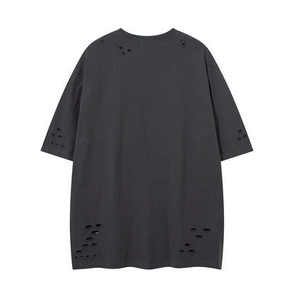 𝕃oose 𝔽it ☞𝟤𝟢𝟤𝟧 ☜美式水洗破洞字母刺繡圓領男女中性 T-Shirt寬版上衣JK-8