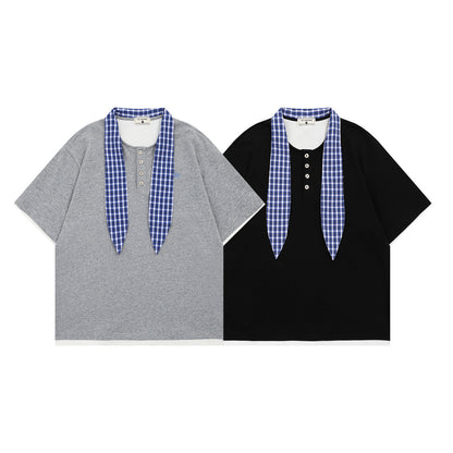 𝕃oose 𝔽it ☞𝟤𝟢𝟤𝟧 ☜領帶系列假兩件圓領寬版上衣T-38