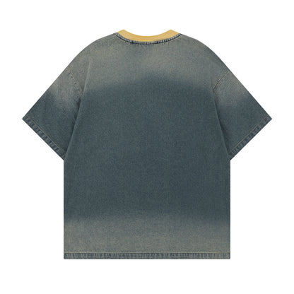 𝕃oose 𝔽it ☞𝟤𝟢𝟤𝟧 ☜美式復古牛仔做舊1890刺繡風格男女中性 T-Shirt寬版上衣 TH508