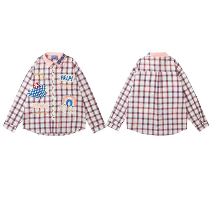 𝔼mbro 𝕊hirt𒉽2025秋冬復古小魚圖案寬鬆襯衫C-811