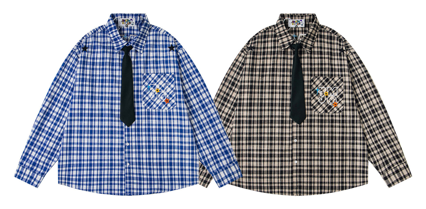 𝔼mbro 𝕊hirt𒉽2025秋冬領帶系列刺繡格子寬鬆襯MO-96