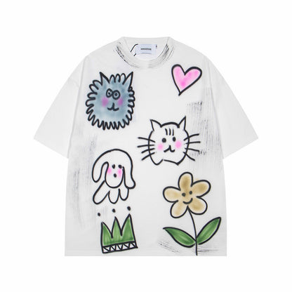 𝕃oose 𝔽it ☞𝟤𝟢𝟤𝟧 ☜美式復古卡通印花圓領男女中性 T-Shirt寬版上衣IN-3