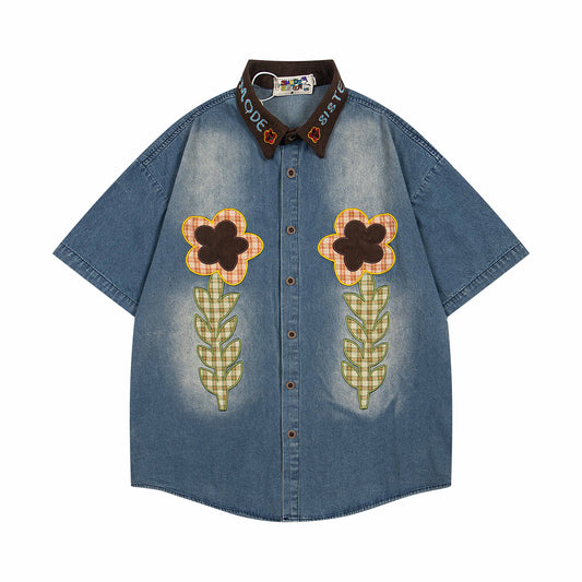 𝔼mbro 𝕊hirt𒉽美式復古水洗拼接花朵貼布繡牛仔寬鬆襯衫外套 M-61